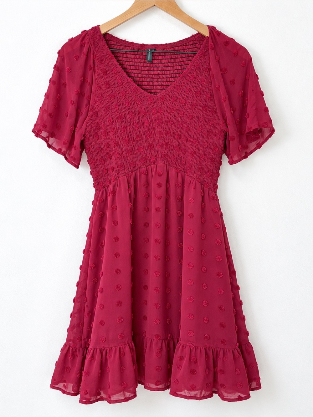 Swiss Dot Dress Medium Smocked Waist Puff Sleeve Ruffle Hem Mini Dress